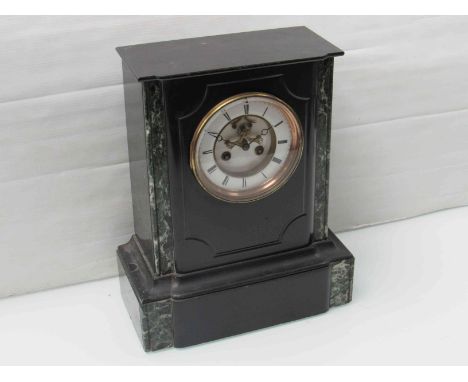 A Victorian marble mantel clock with Roman enamel dial, visible escapement, 8-day French movement, 37cm high