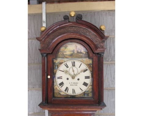 A Georgian oak and mahogany longcase clock, the trunk door inlaid with crest "Natale, Solum, Doke", painted arched Roman dial