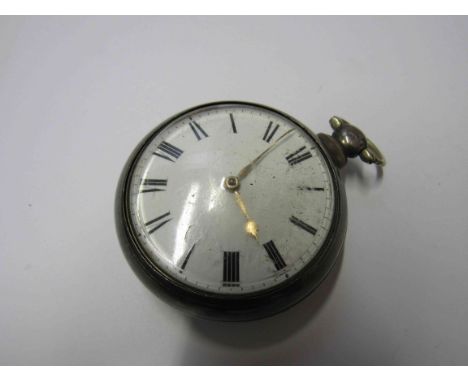 A late 18th/early 19th Century silver pair cased pocket watch with Roman enamel dial, verge and fusee movement with engraved 