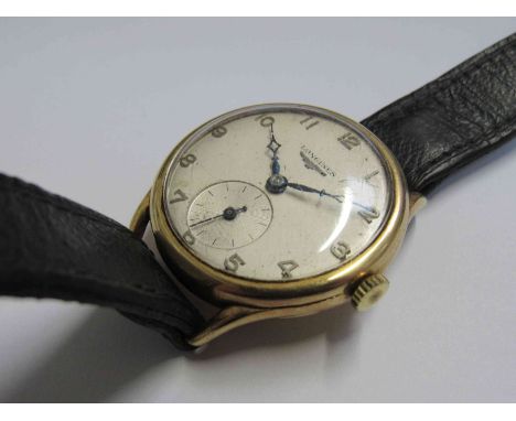 LONGINES: a gent's 18ct gold manual wind wristwatch with hinged case front and back, silvered Arabic dial with subsidiary sec