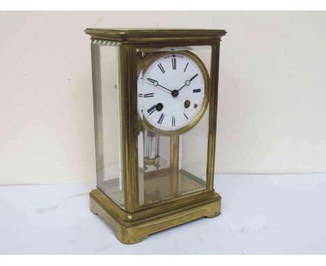 A late 19th Century French brass framed and five glass mantel clock with Roman enamelled dial and mercury barrel pendulum, 23