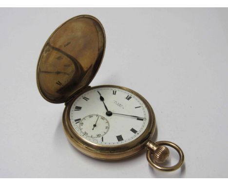 A J.W Benson 9ct gold hunter pocket watch with Roman enamel dial, no glass 
