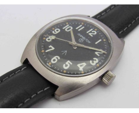 HAMILTON: a manual wind military issue gent's steel wristwatch, black dial with luminous Arabic numerals, centre seconds and 