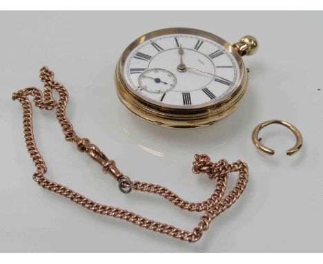 An 18ct gold open faced pocket watch with Roman enamelled dial and subsidiary seconds, monogrammed back, movement engraved He