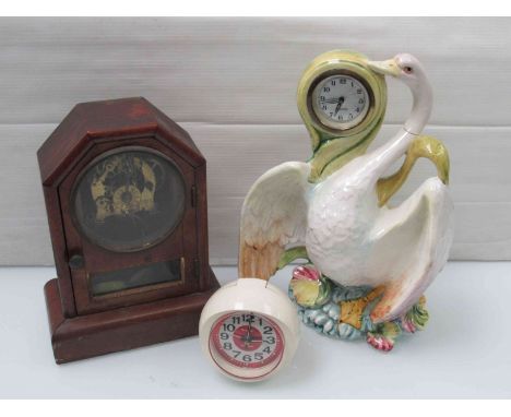 A Seth Thomas mantel clock, ceramic swan clock a/f and a Westclox desk clock 