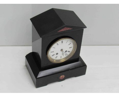 A Victorian marble mantel 8 day clock with key and pendulum
