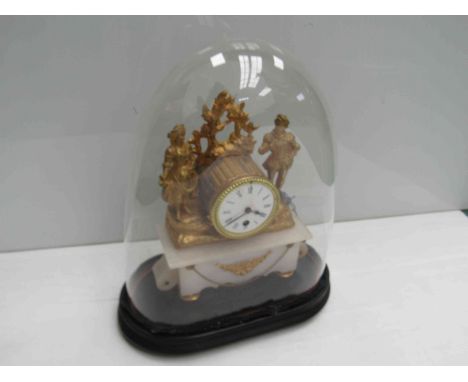 A 19th Century French gilt and alabaster figural mantel clock with Roman enamelled dial, single train movement with key, pend