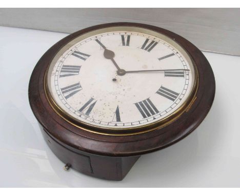 A mahogany cased 14" dial clock with painted metal Roman dial, single fusee movement, key and pendulum 