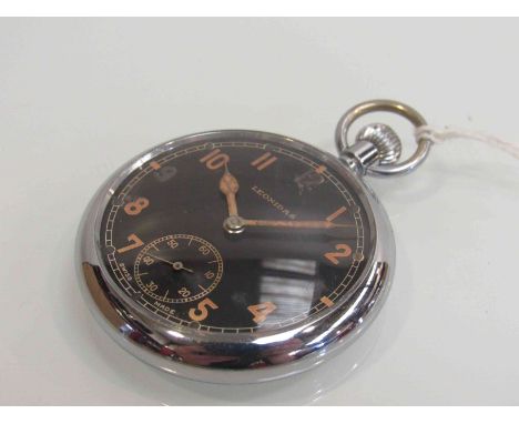 A WW2 Leonidas military issue pocket watch with black Arabic dial and subsidiary seconds, case back marked GSTP, U2803