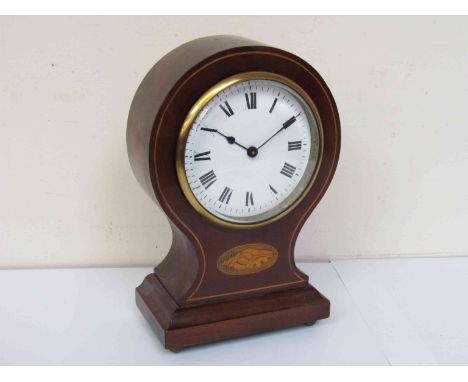 An Edwardian mahogany and inlaid mantel clock of balloon form, Roman enamelled dial, with French platform movement and key, 1