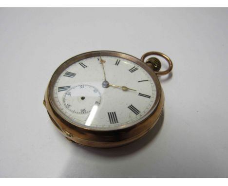 A 9ct gold open faced pocket watch, Roman enamel dial with subsidary seconds, a/f