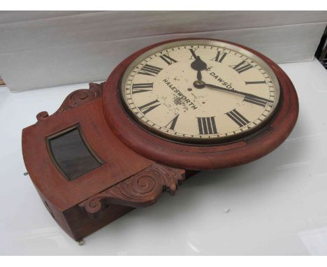 A 19th Century mahogany 17" drop dial clock with single fusee movement, scroll carved case with pendulum window, Roman painte