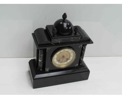 A Victorian marble 8 day mantel clock of architectural form with key and pendulum