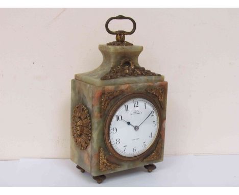A late 19th Century onyx mantel clock signed Dent, 28 Cockspur St, London with French movement, 23cm high