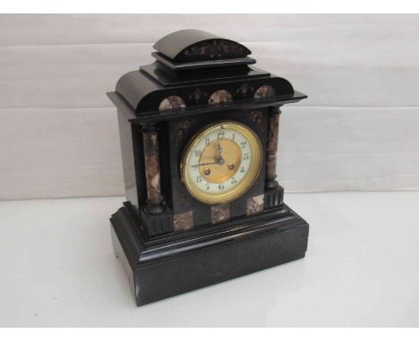 A Victorian marble mantel clock of architectural form, Arabic enamelled chapter ring, 8 day French striking movement