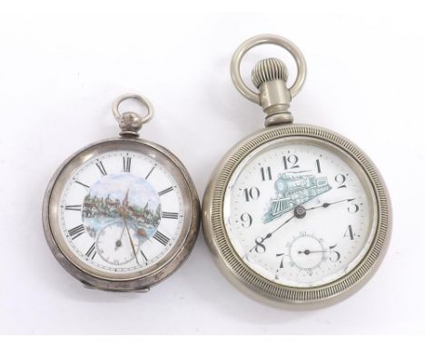 Silver (0.935) cylinder engine turned pocket watch, unsigned movement, the painted dial depicting a church amongst house besi