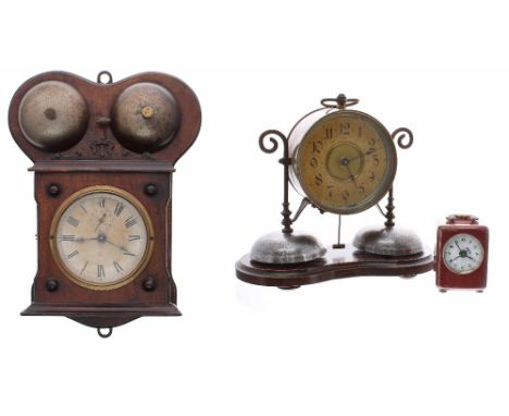 Three early 20th century clocks; Junghans "Nightingale" drum alarm clock in brass case, mounted on two ornate pillars above a