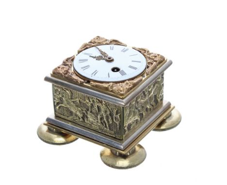 Interesting miniature brass fusee table clock signed William Fidgett, London, with 1.5" white dial, cherub spandrels and orna