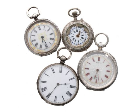 Four silver engraved and engine turned fob watches (4)