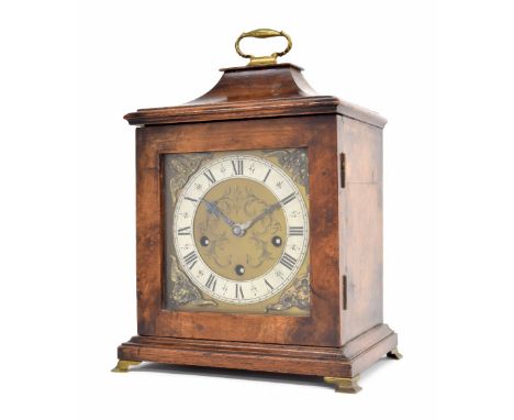Small German walnut three train mantel clock, the movement with platform escapement striking on five gongs, within a stepped 