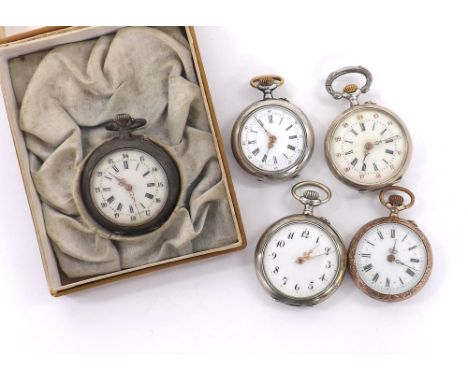 Five Continental silver (0.800) engine turned fob watches (5) (one boxed, one at fault)