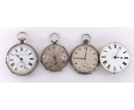 Silver Railway Regulator Lever engine turned pocket watch, 52mm; together with a white metal (0.830) lever pocket dress watch