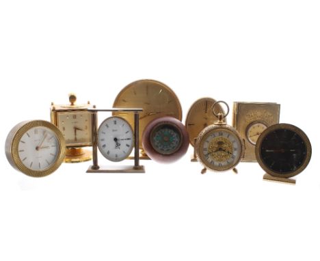 Bucherer four-sided clock with thermometer, barometer and hydrometer dials, within a swivel stand and gilt metal case, 4.5" h