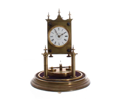 Early 1900s German torsion pendulum mantel clock by Jahresuhren-Fabrik, white enamel 2" dial, on pillars and velvet covered s
