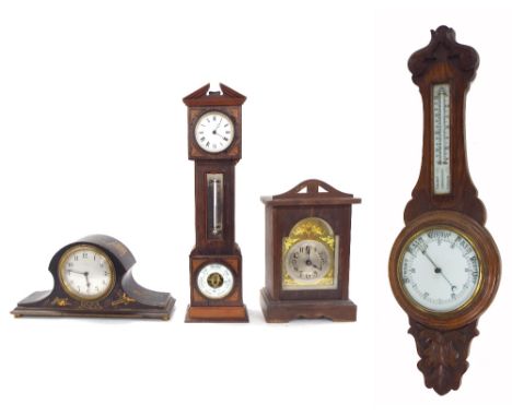 Miniature grandfather clock with barometer and thermometer, the movement signed E.G.L with platform escapement, within an inl