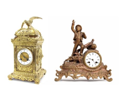 French brass two train mantel clock, the S. Marti movement striking on a gong, the 3.25" white chapter ring enclosing an engi