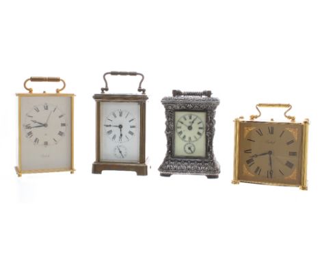 Carriage clock timepiece with alarm, within a corniche brass case, 6" high; also three other carriage type timepieces (4)