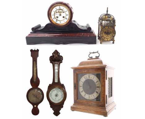 French black slate and red marble two train drumhead mantel clock striking on a bell, within a stepped scrolling case, 12" hi