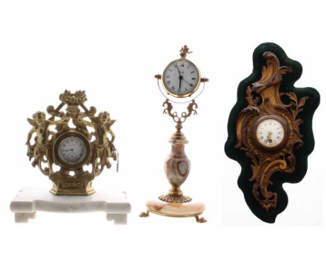 Small gilt metal cartel clock timepiece, the 2" dial (at fault) within a rococo foliate cast case, 24" high; also an Orion gi