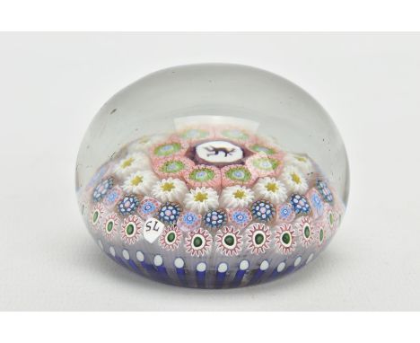 A 19TH CENTURY ST. LOUIS CONCENTRIC MILLEFIORI PAPERWEIGHT, centre dancing devil cane surrounded by five bands of canes, one 