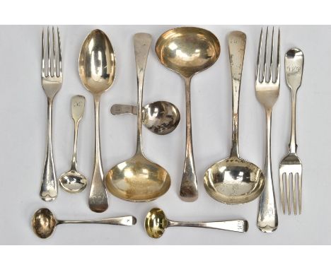 A SMALL PARCEL OF 19TH AND 20TH CENTURY ASSORTED SILVER FLATWARE, including a George III Old English pattern sauce ladle, eng