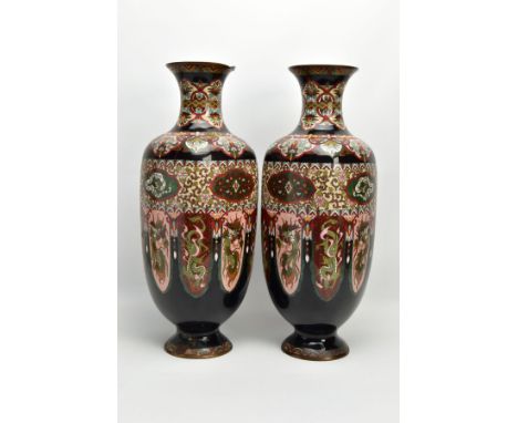 A PAIR OF EARLY 20TH CENTURY LARGE CLOISONNE BALUSTER VASES,  flared circular rim and neck over a shaped square body and a sp