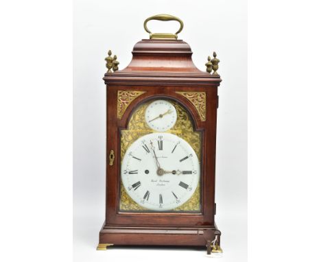 A GEORGE III MAHOGANY AND BRASS CASED TWIN FUSEE EIGHT DAY BRACKET CLOCK BY HIGGS &amp; EVANS, the bell top with hinged carry