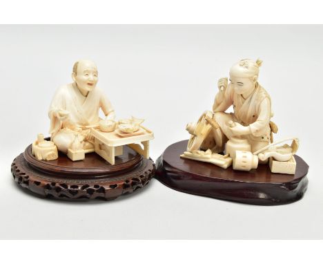 TWO JAPANESE MEIJI PERIOD IVORY OKIMONO,  carved as a carpenter at work and the other a street food vendor, both inset with r