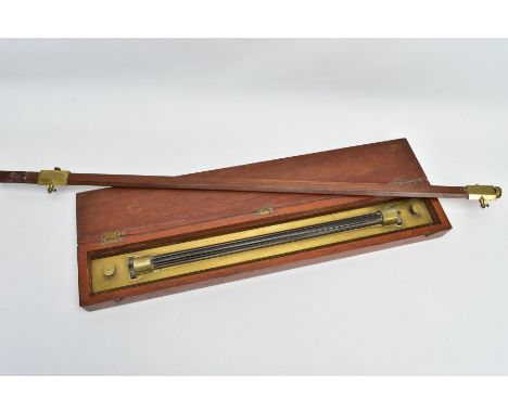 A LATE 19TH CENTURY MAHOGANY CASED BRASS AND BLACK LACQUERED PARALLEL ROLLING RULE, stamped 'R. BAILEY, BIRMINGHAM' overall l