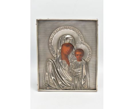 A RUSSIAN ICON OF THE VIRGIN AND CHILD, tempera on panel with silver oklad, stamped 84, with marks for Aleksandr Frans Fan-de