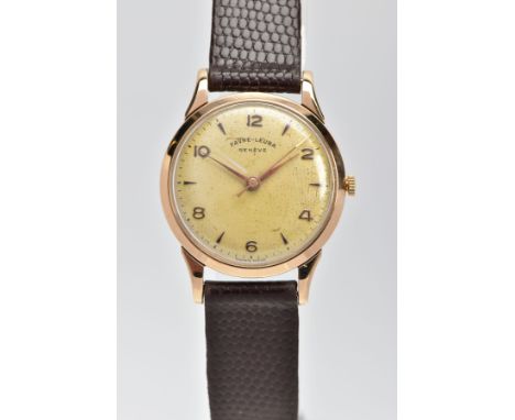 A 9CT GOLD CASE HAND-WOUND FAVRE-LEUBA WRISTWATCH, discoloured cream dial, Arabic and arrow markers, tapered gold coloured ha