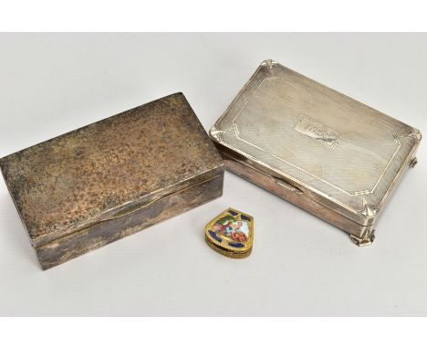 TWO GEORGE V RECTANGULAR SILVER CIGARETTE BOXES AND AN ENAMEL AND GILT 800 STANDARD PILL BOX,  the cigarette boxes comprising