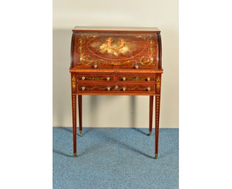 A SHERATON REVIVAL MAHOGANY AND MARQUETRY PAINTED BARREL FRONTED BUREAU, decorated with floral swags, two cherubs and musical