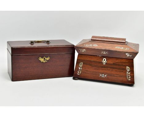 A GEORGE III MAHOGANY TEA CADDY OF RECTANGULAR FORM, brass swan neck handle to the hinged lid, brass escutcheon, the interior