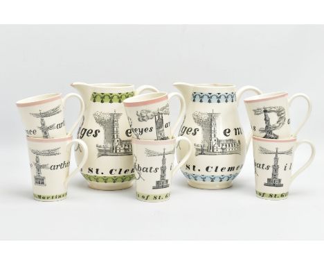 RICHARD GUYATT FOR WEDGWOOD &amp; LIBERTY'S, a set of two Oranges &amp; Lemons lemonade jugs and six handled beakers, the jug