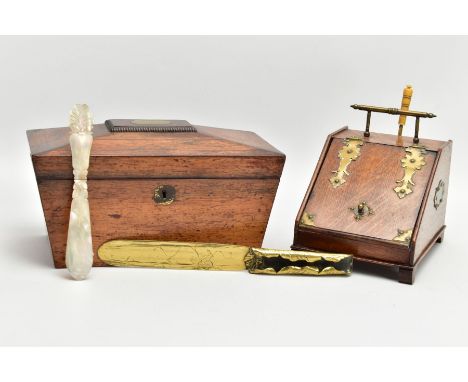 A LATE VICTORIAN OAK AND BRASS BOUND MINIATURE PURDONIUM, fitted with a carry handle to the top, sloped front with gothic sty