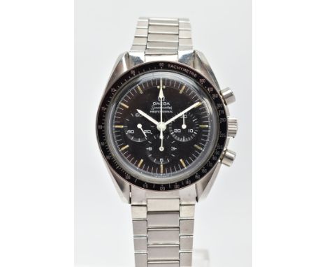 AN OMEGA SPEEDMASTER PROFESSIONAL WRISTWATCH,  the first watch worn on the moon, circa 1971, black matt dial, worn luminescen