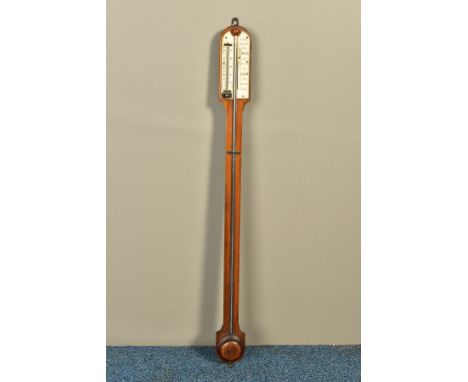 A VICTORIAN WALNUT STICK BAROMETER OF PLAIN FORM BY ROWELL OF OXFORD,  ivory registers for barometer and mercury thermometer,