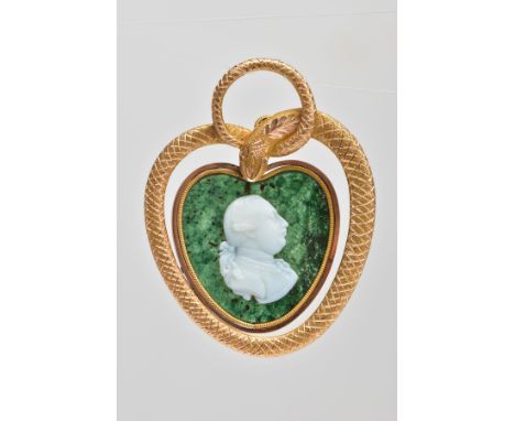 A MID VICTORIAN BLOODSTONE CAMEO SNAKE PENDANT, designed as a central heart shape bloodstone cameo panel, depicting a gentlem