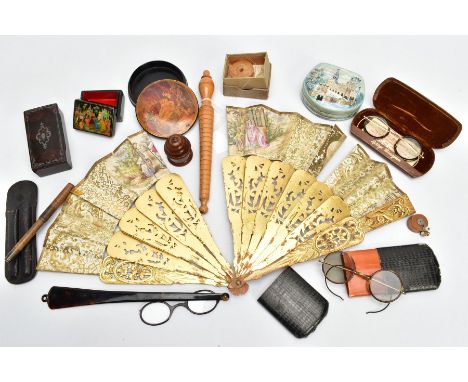 A BOX OF COLLECTABLES INCLUDING A 19TH CENTURY COQUILLA NUT SPICE POT, the turned stepped cover with hole to centre, screw on